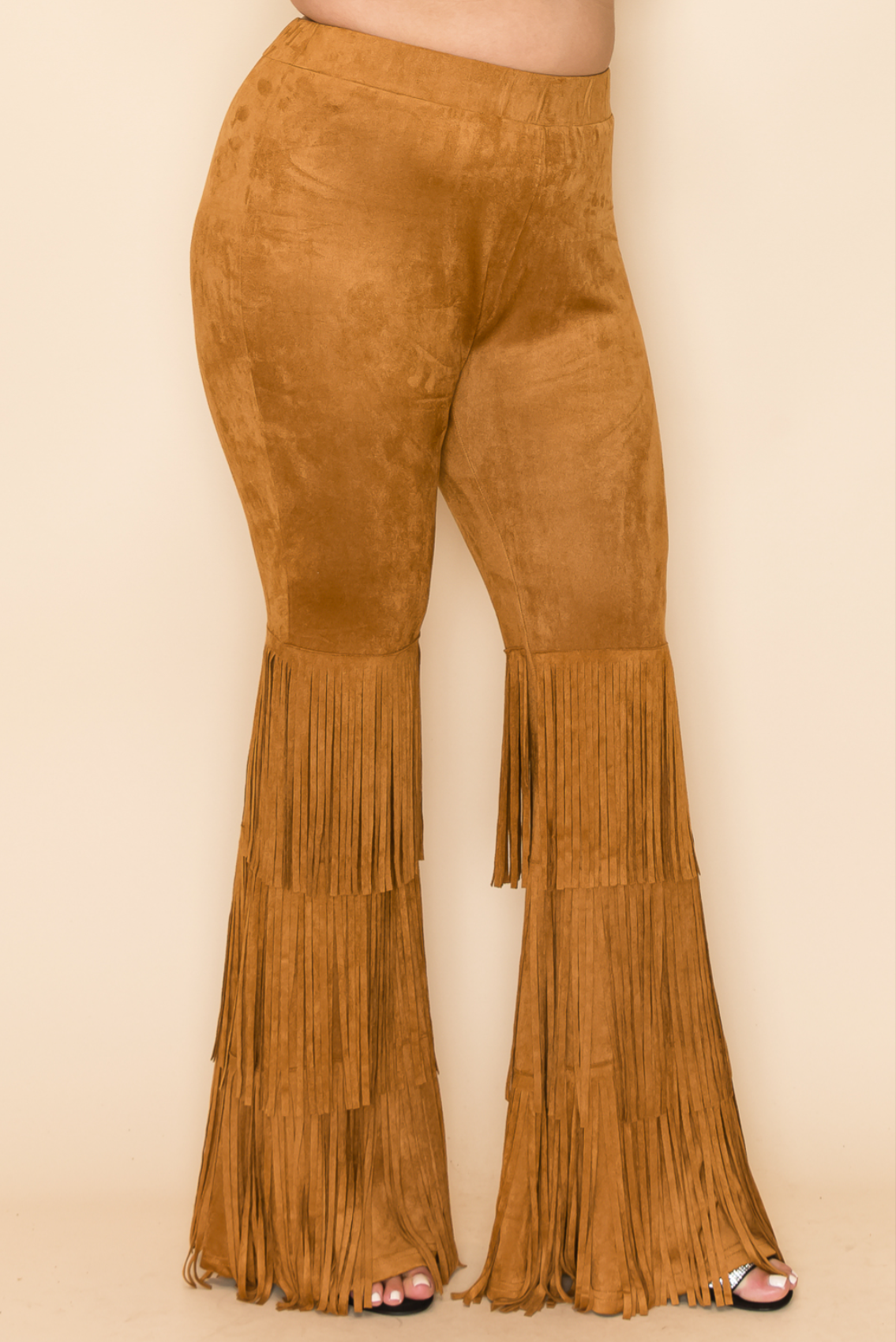 High Rise Suede Knit Bell Bottom Pants with Fringes