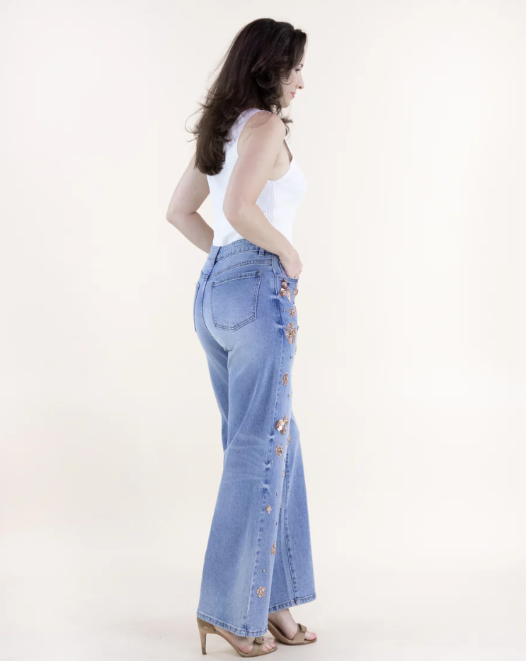 Floral Embellished High Rise Wide Leg Jeans