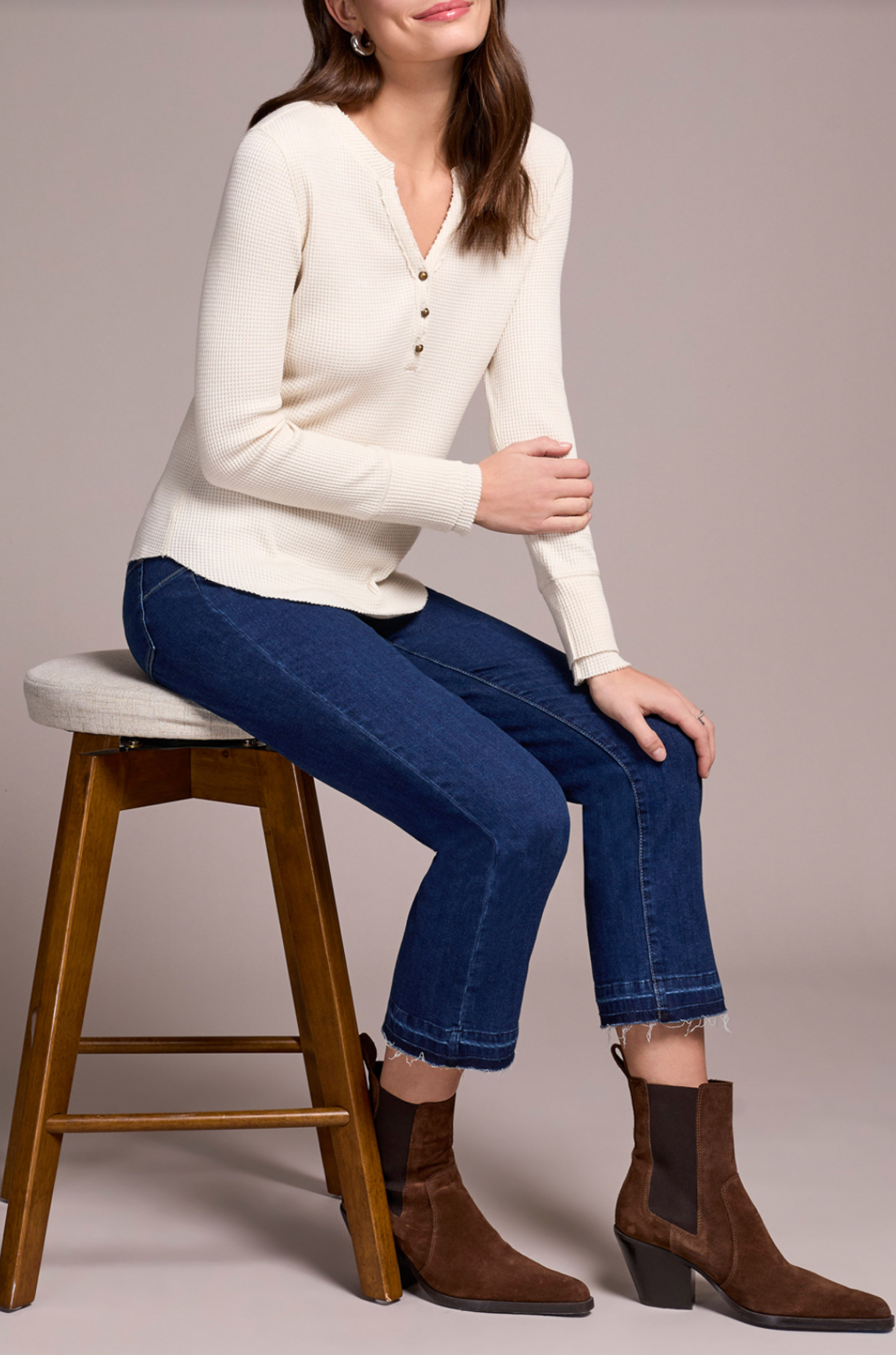 Brushed Waffle Knit Henley Long Sleeve Top
