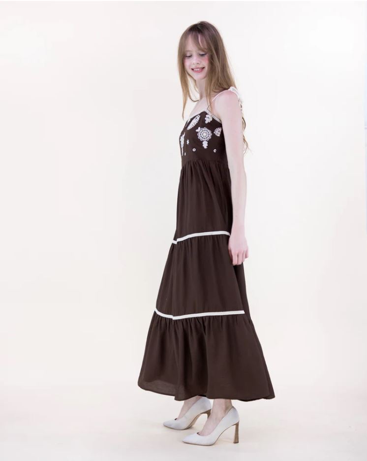 Medallion Embroidered Bodice Rope Strap Maxi Dress