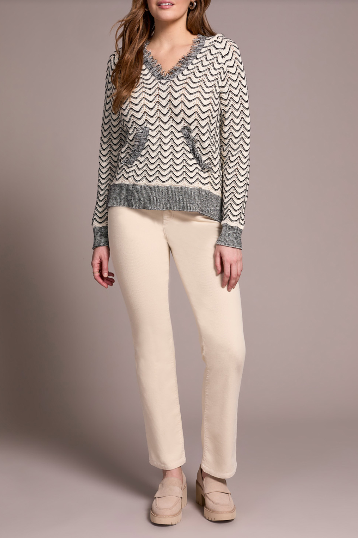 L/S Hooded Sweater with Fringe Detail