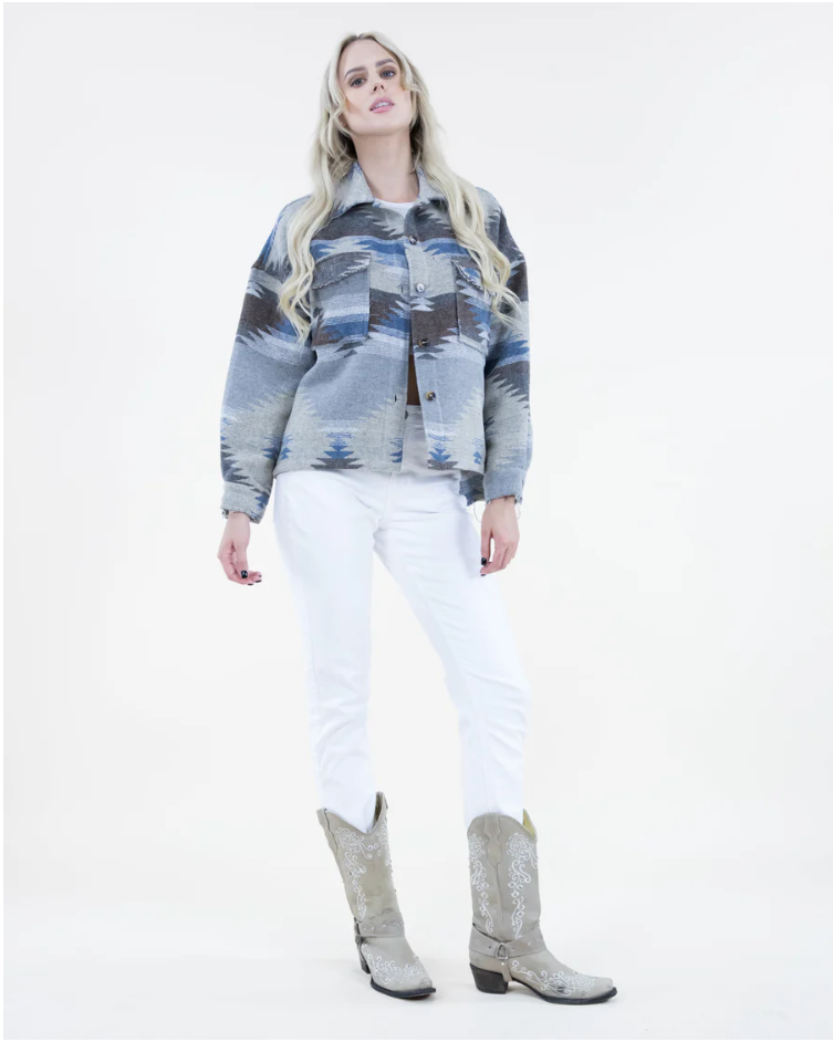 Southwestern Print Fray Trim Shacket w/Pockets
