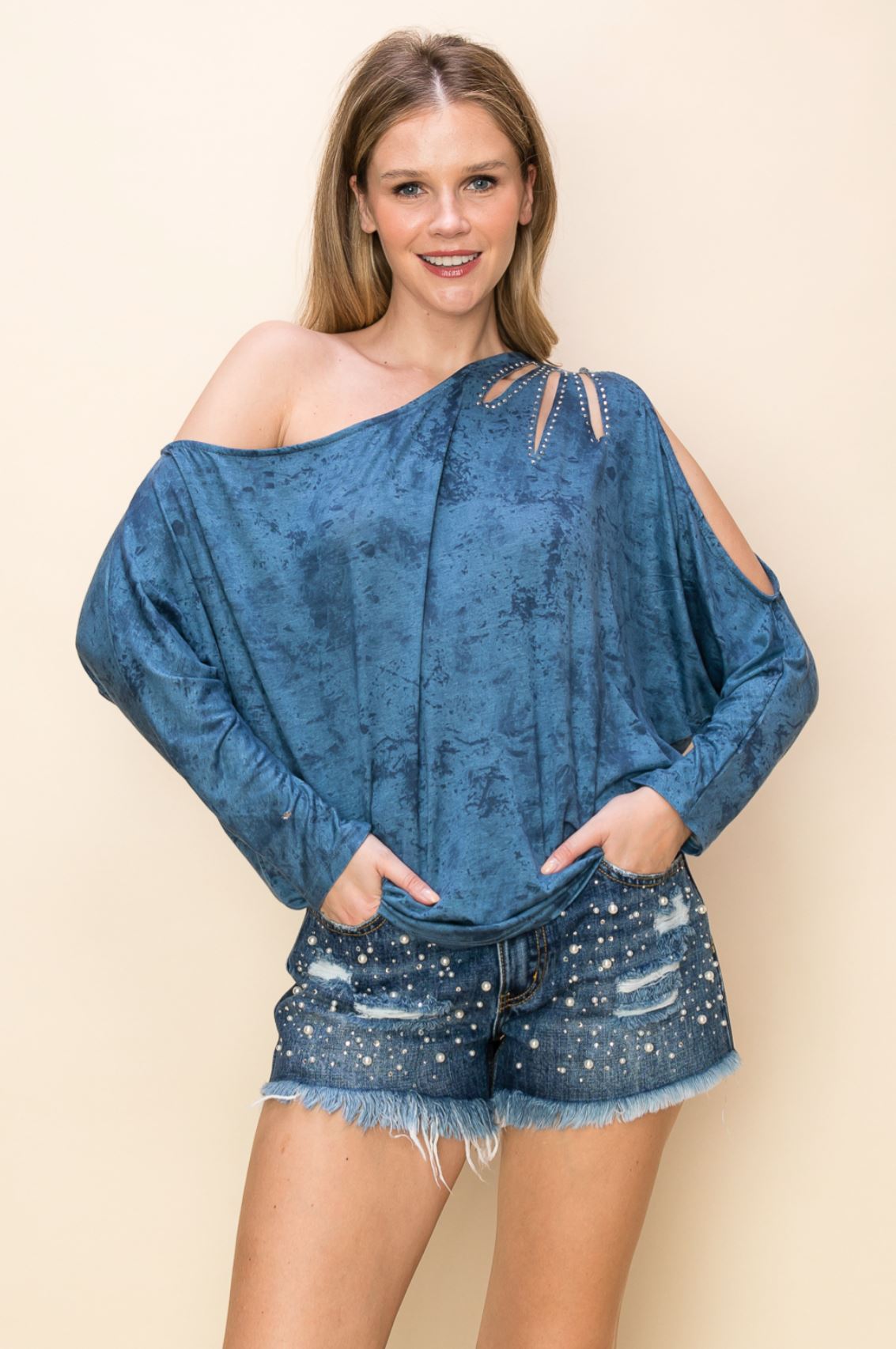 Assymetrical Open Shoulder Rhinestone Embellished Batwing Top
