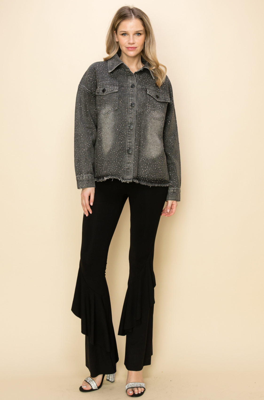 Frayed Hem Denim Knit Jacket with Rhinestones