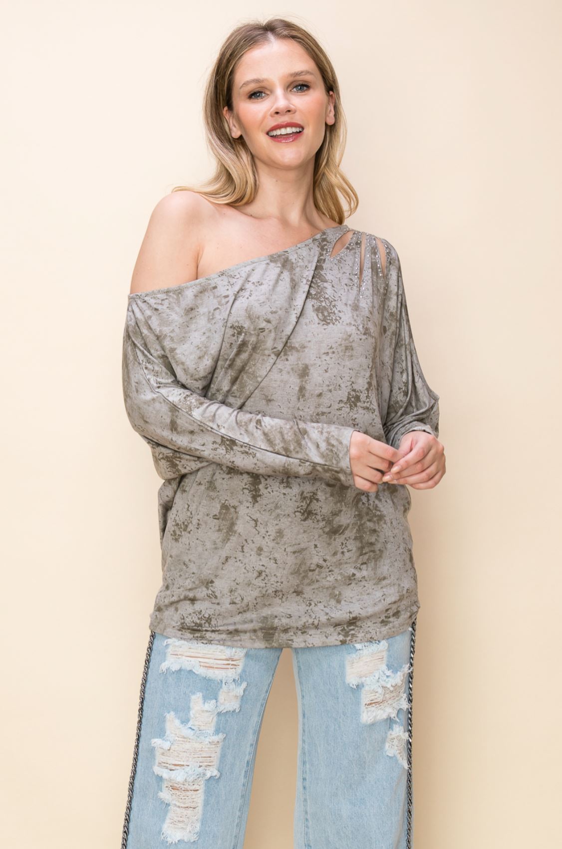 Assymetrical Open Shoulder Rhinestone Embellished Batwing Top