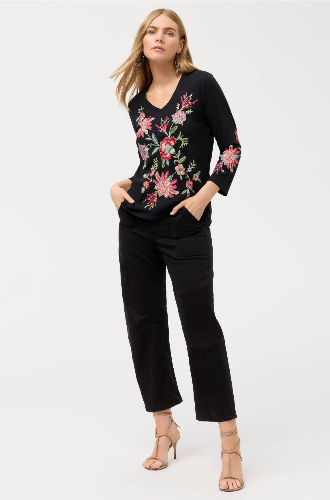 3/4 Sleeve Trapunto V-Neck Tee - Junie