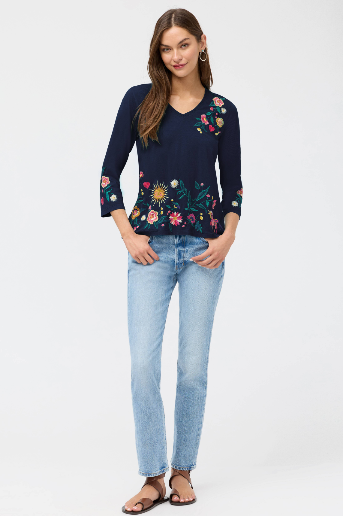 3/4 Slv Trapunto V-Neck Tee - Ziviana