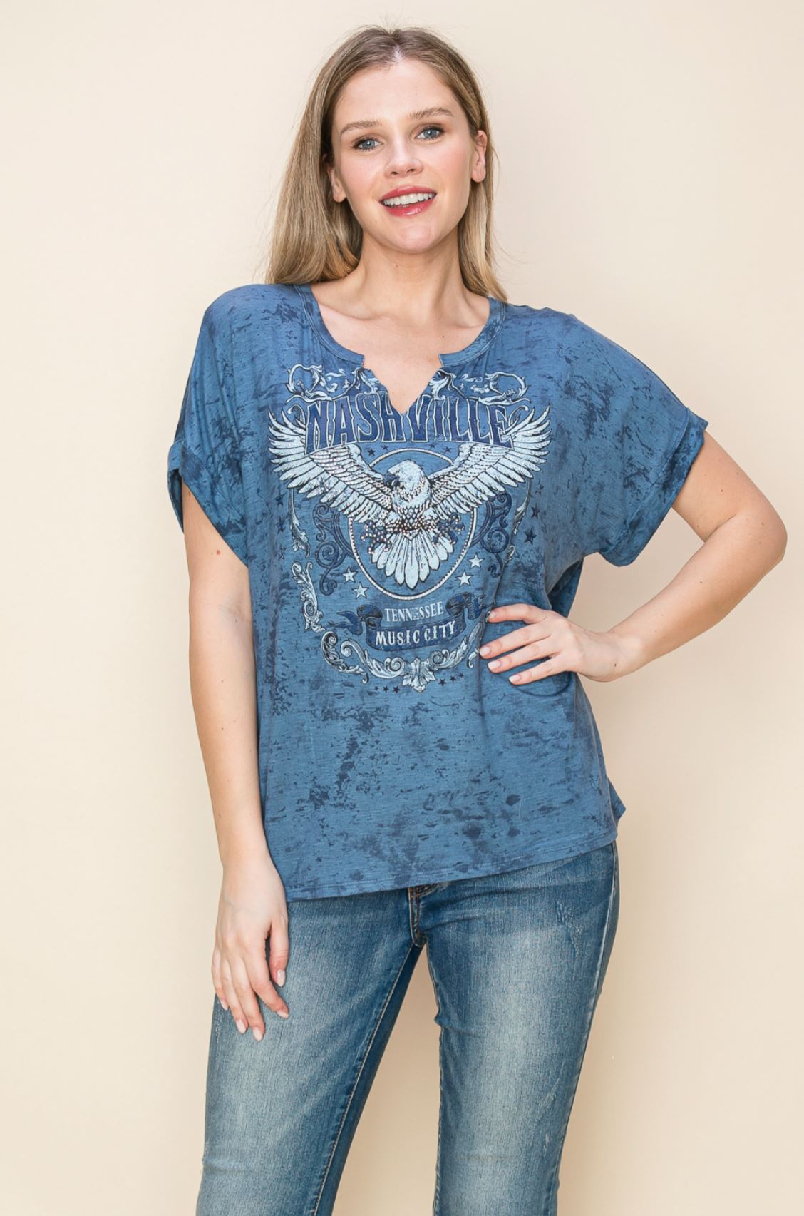 Tie Dye Silk Print S/S Top with Stones
