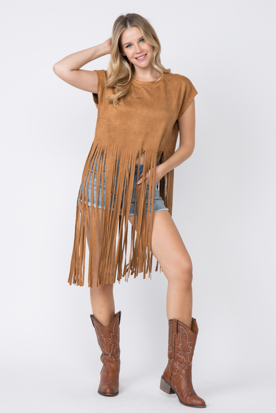 Crew Neck Long Fringe Hem Suede Top