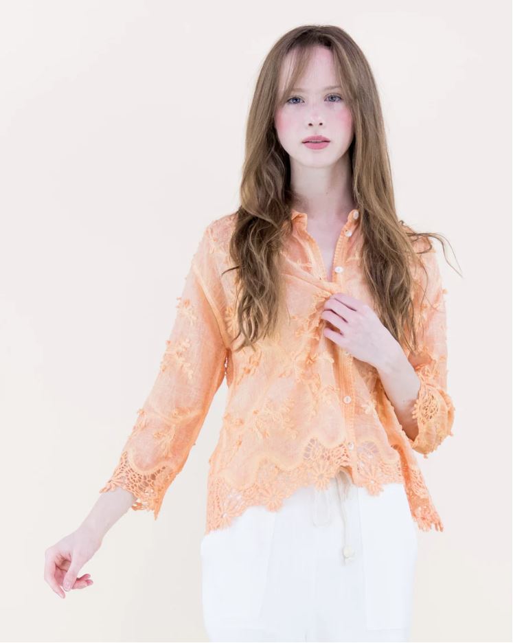 Floral Applique Lace Hem Embroidered Shirt