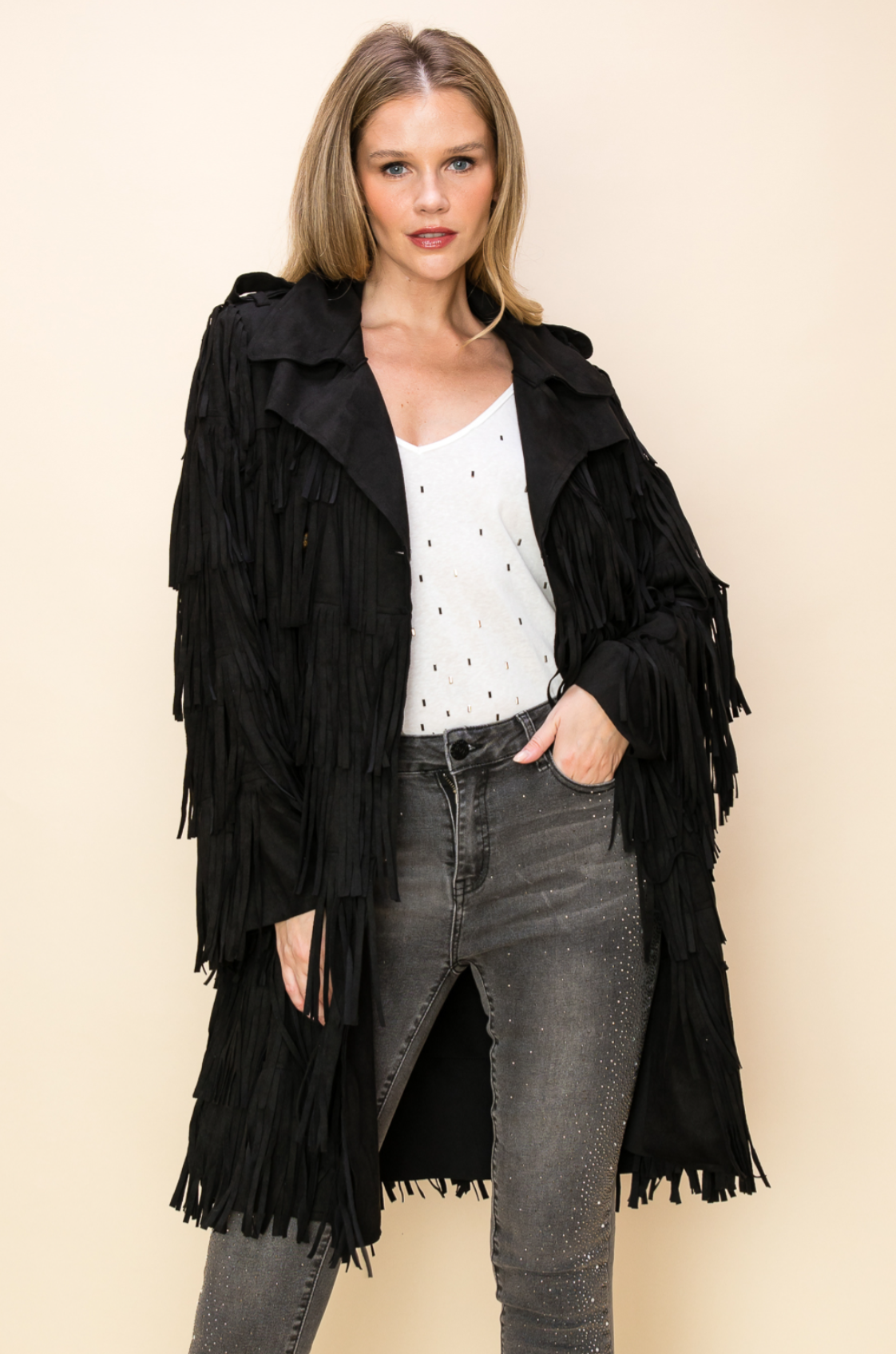 Long Open Front Jacket With Fringe