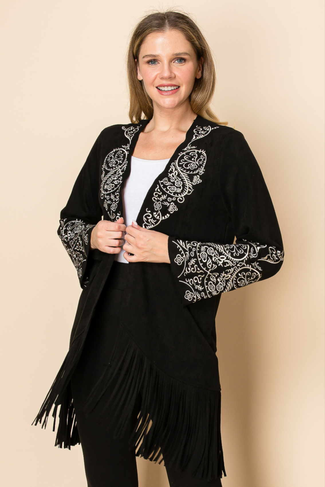 L/S Suede Cardigan with Front and Sleeve Embroidery