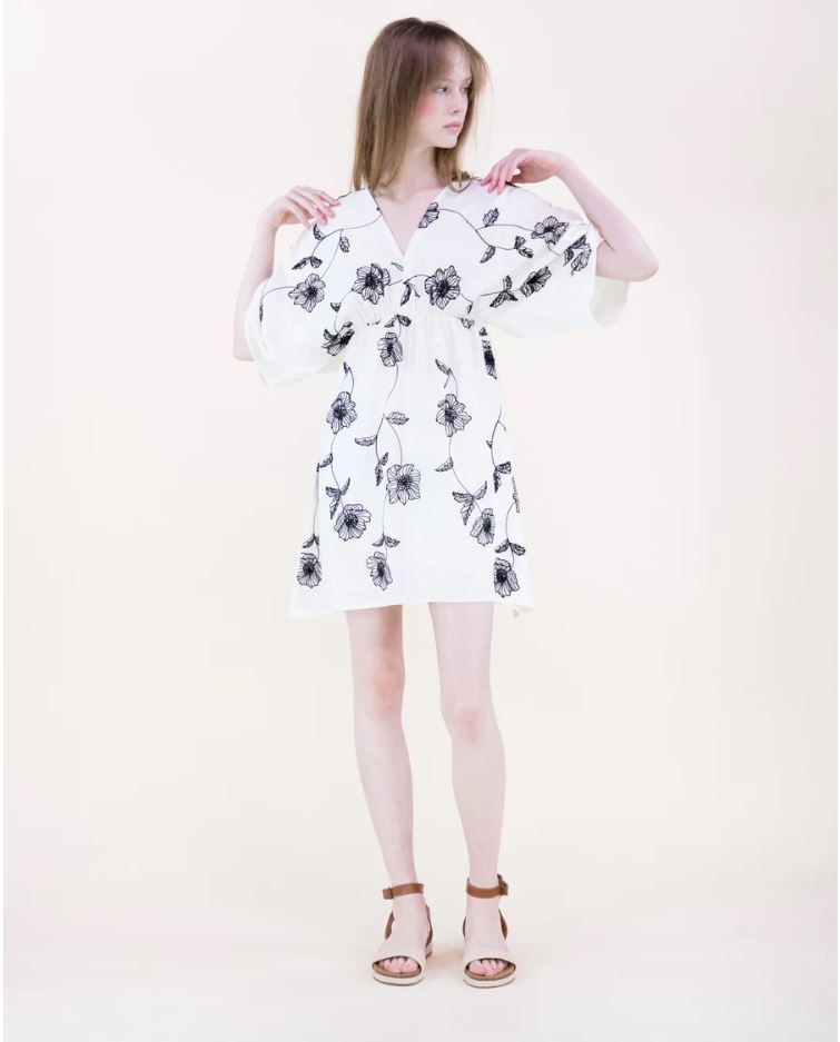 Flora Artisan Embroidered Kimono Sleeve Midi Dress