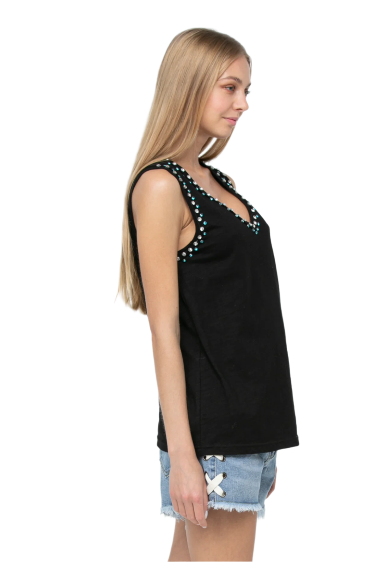 Scoop Neck Tank Top with Rhinestones