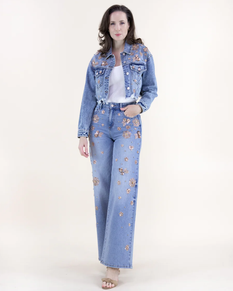Floral Embellished Cropped Denim Jacket