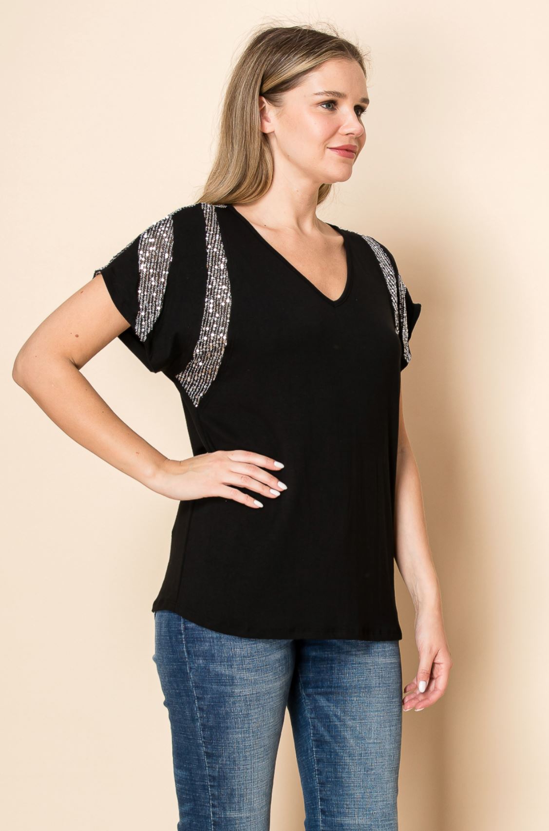 V-Neck S/S  Top with Sequins