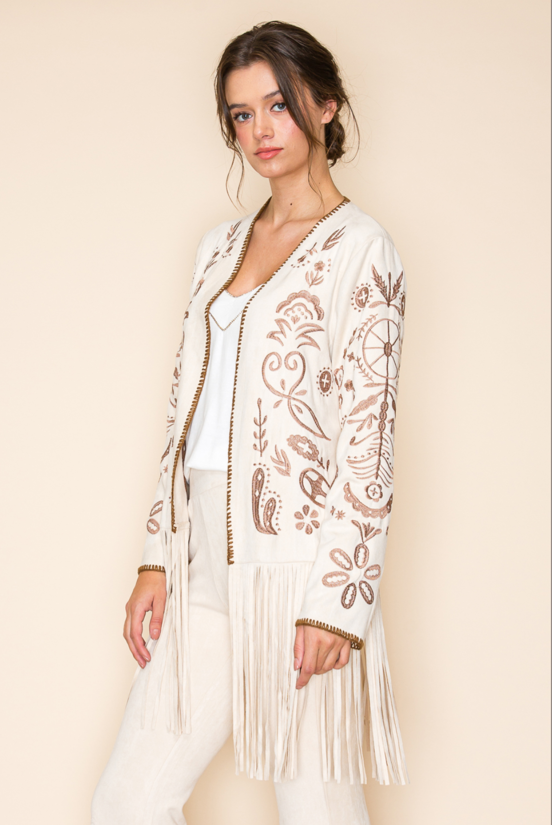 Embroidered Suede Jacket with Fringe