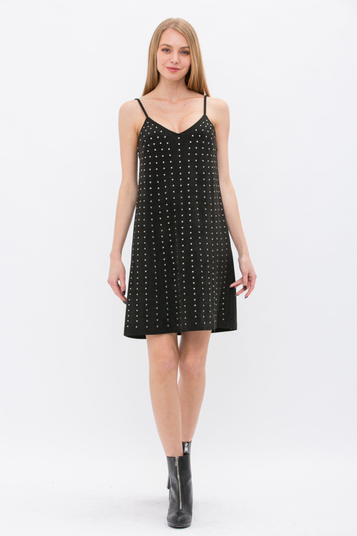 Suede Feel Embellished Spaghetti Strap V-Neck Dress