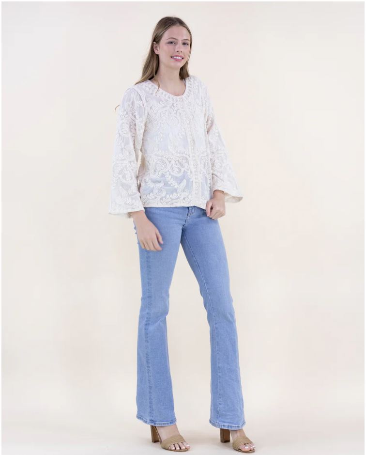 Embroidered Crew Neck Button Up Shirt