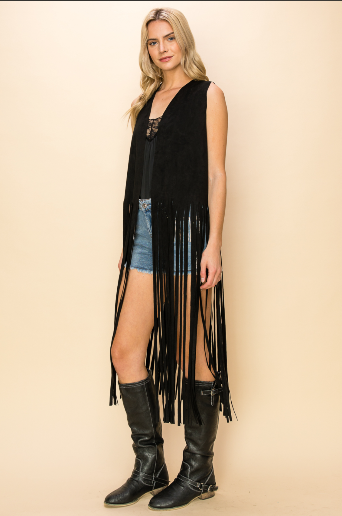 Faux Suede Long Vest with Fringe