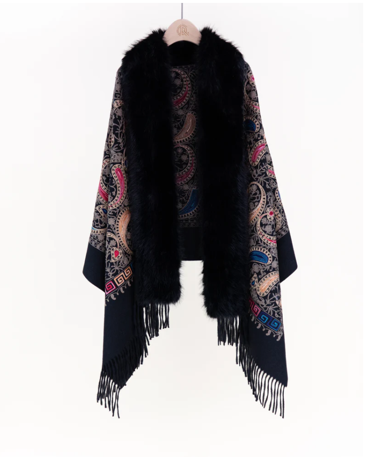 Embroidered Baroque Paisley Faux Fur Edge Scarf