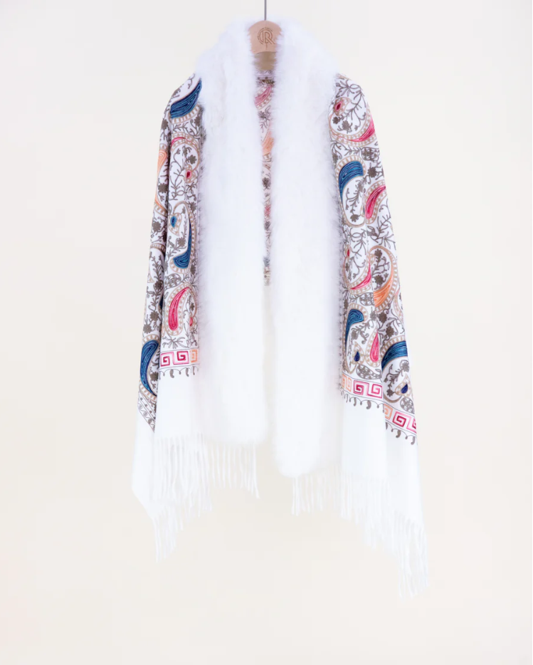 Embroidered Baroque Paisley Faux Fur Edge Scarf