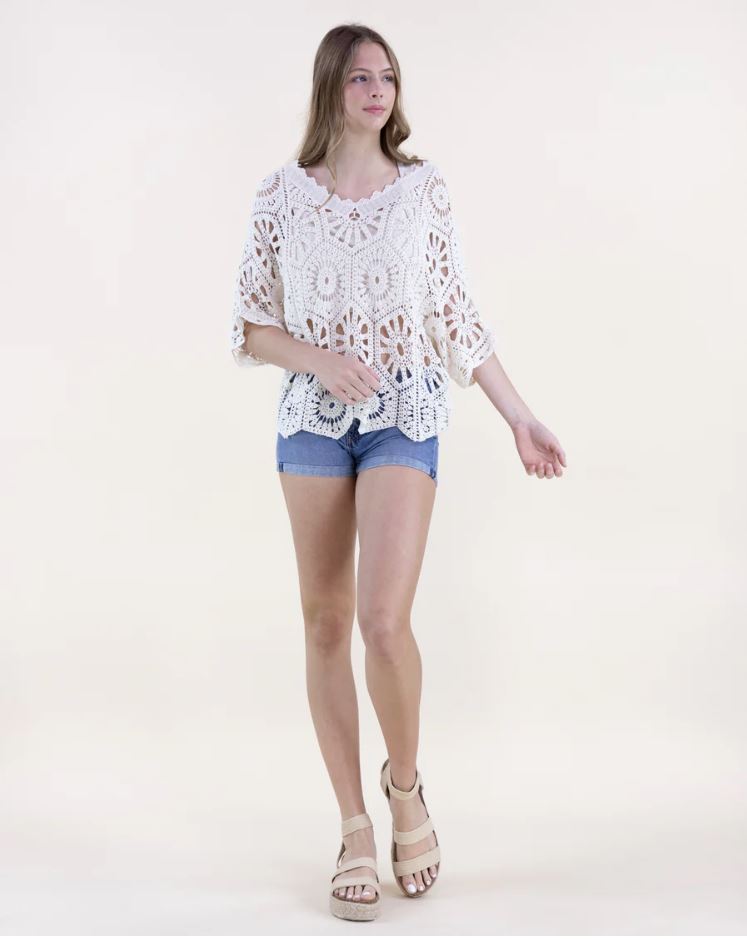V-Neck Crochet Lace Bat Wing Top