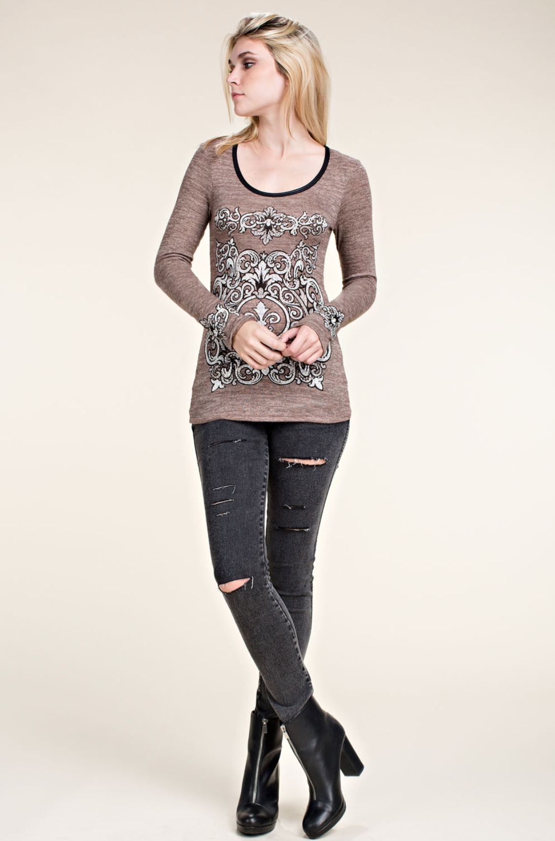 L/S Faux Leather Trim Top with Rhinestones