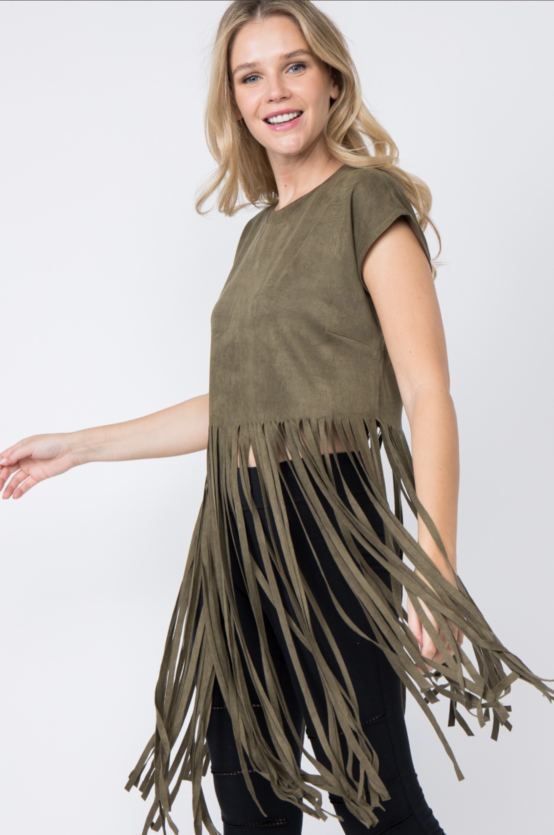 Crew Neck Long Fringe Hem Suede Top
