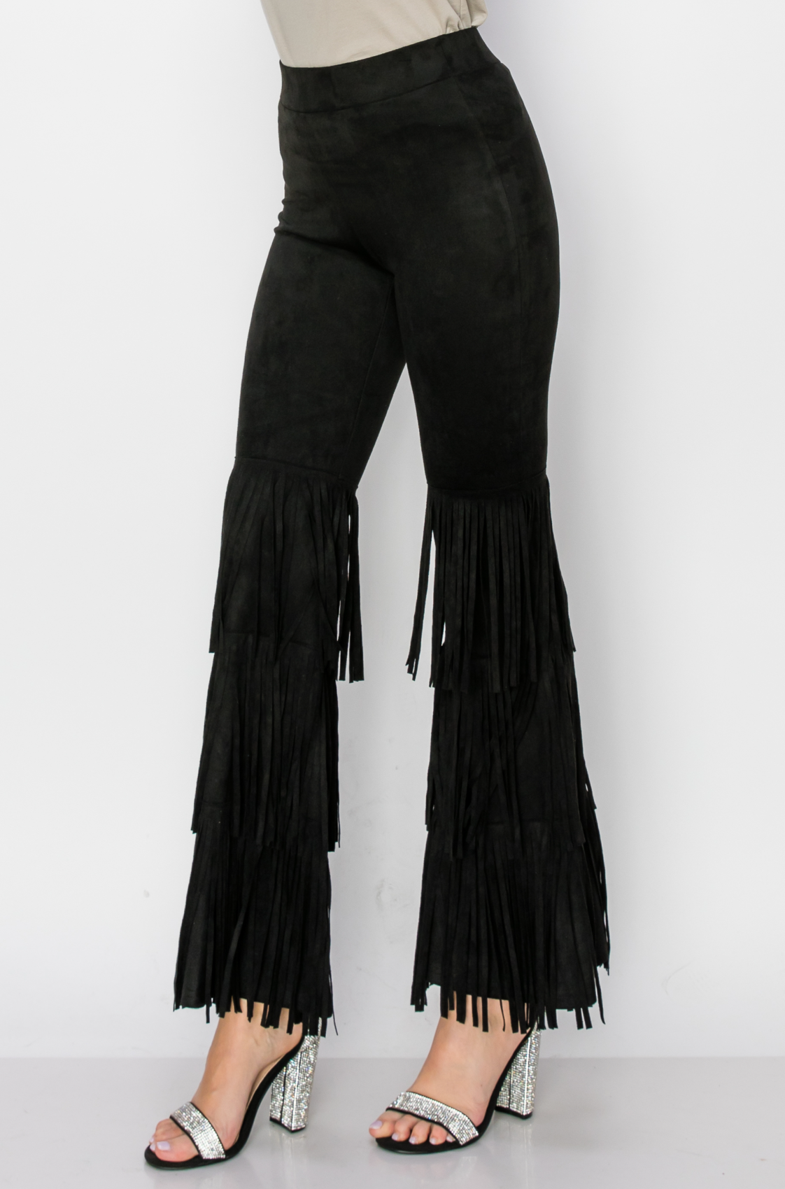 High Rise Suede Knit Bell Bottom Pants with Fringes