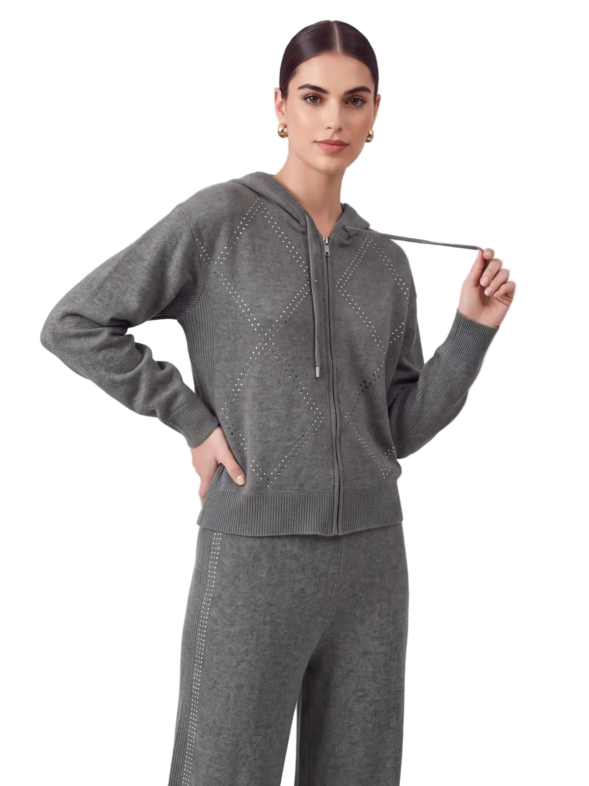 Zip Up Cropped Knit Hoodie with Rhinestone