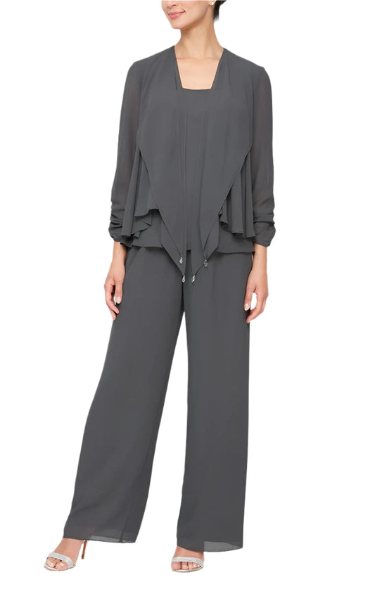 3pc Chiffon Pantsuit with Pointed Tiered Hem Open Jacket