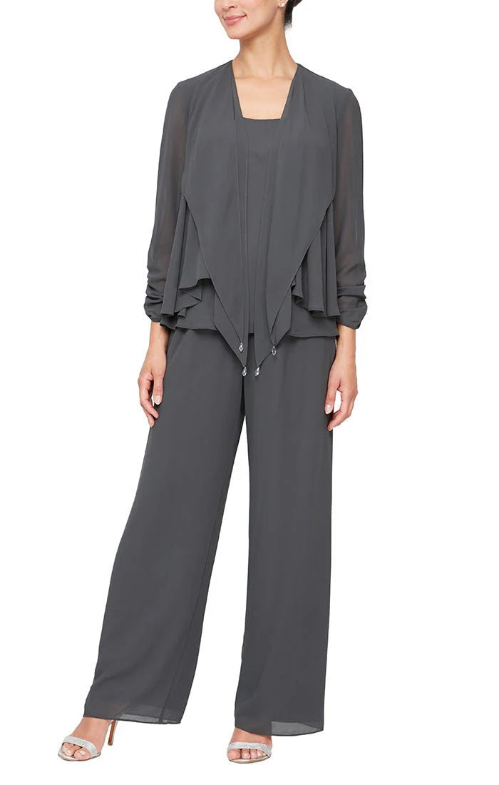 3pc Chiffon Pantsuit with Pointed Tiered Hem Open Jacket