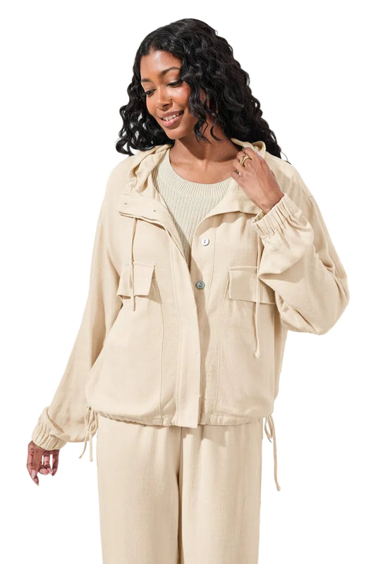 Lightweight Linen Button-Front Hooded Jacket