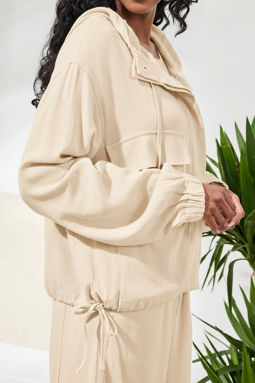 Lightweight Linen Button-Front Hooded Jacket