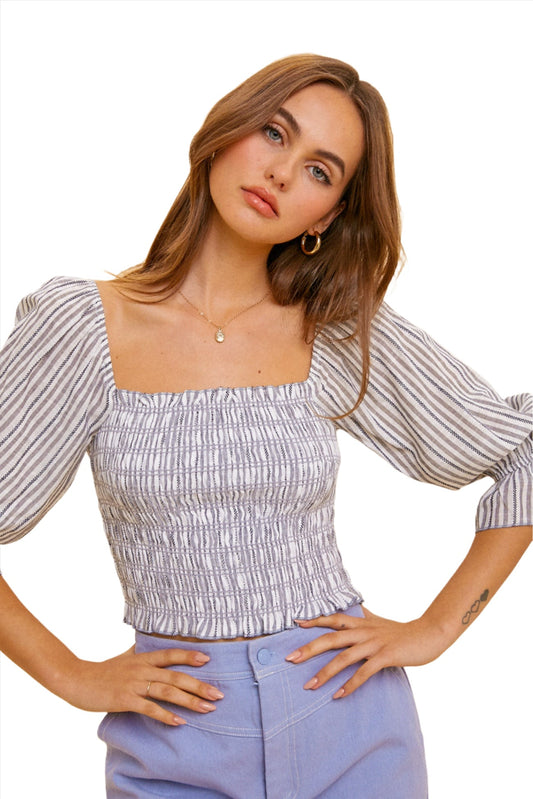 Stripe Smocked Volume Sleeve Top