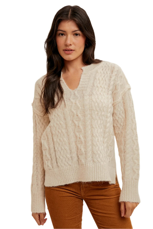 Notch Neckline Cable Knit Sweater