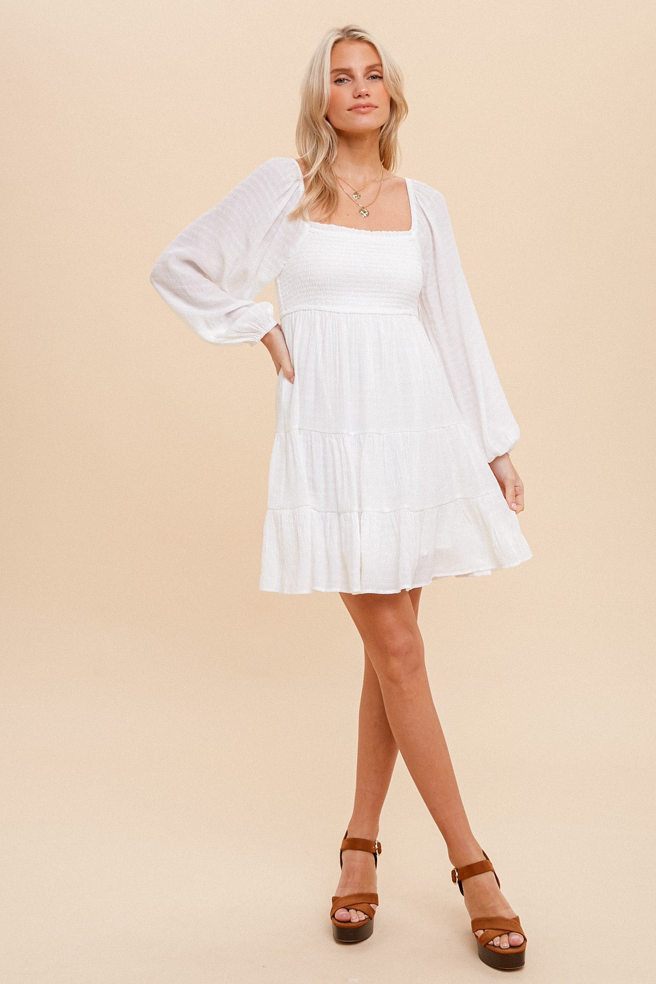 Smocked Bubble Sleeve Textured Tiered Dress