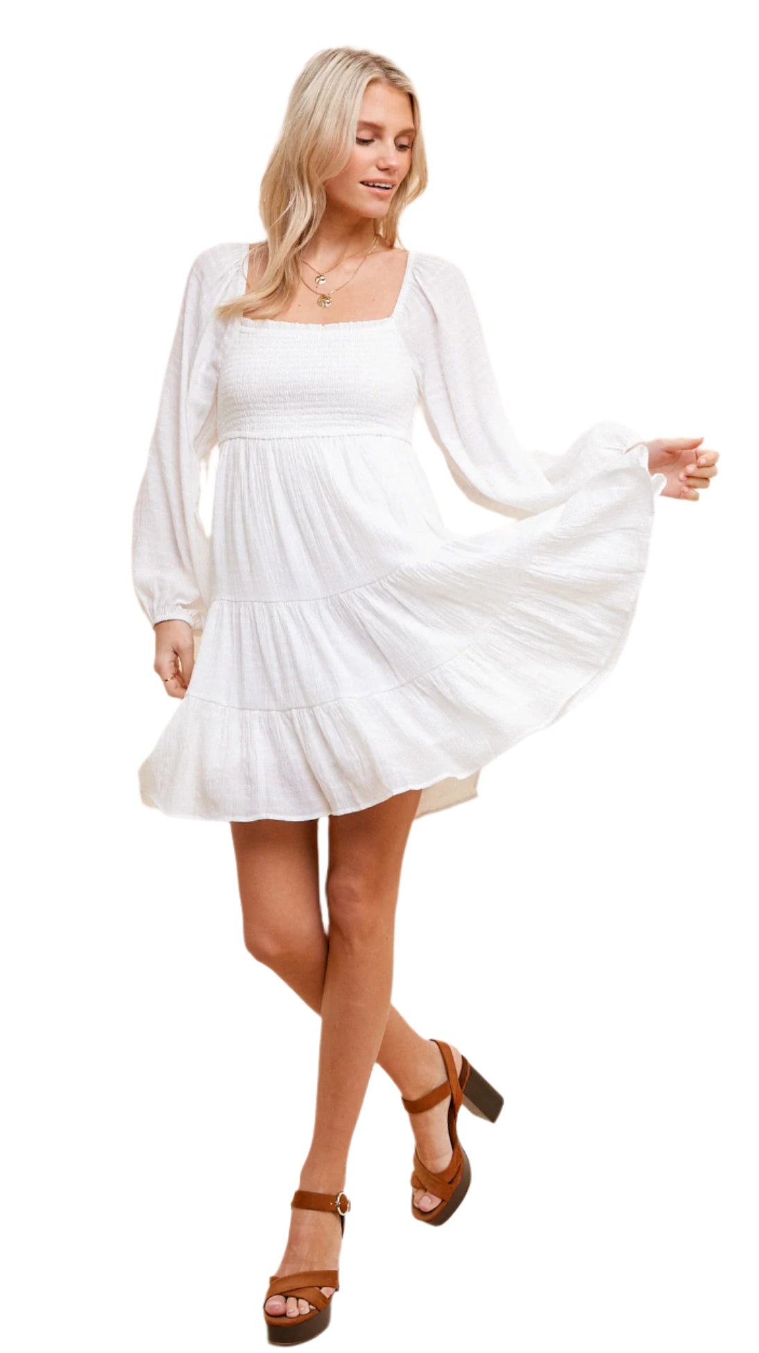 Smocked Bubble Sleeve Textured Tiered Dress