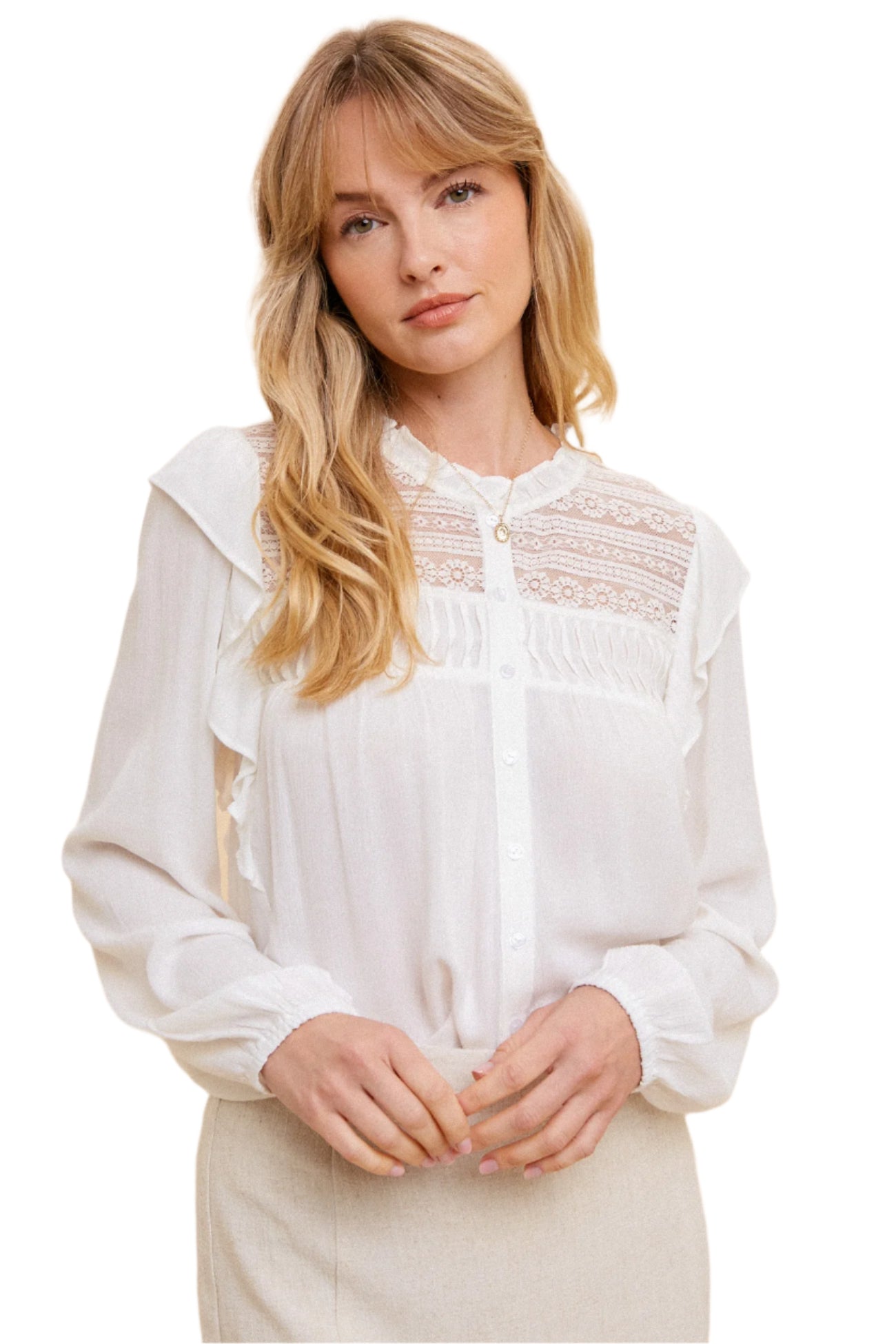Pintuck Detailed Lace Mixed Blouse