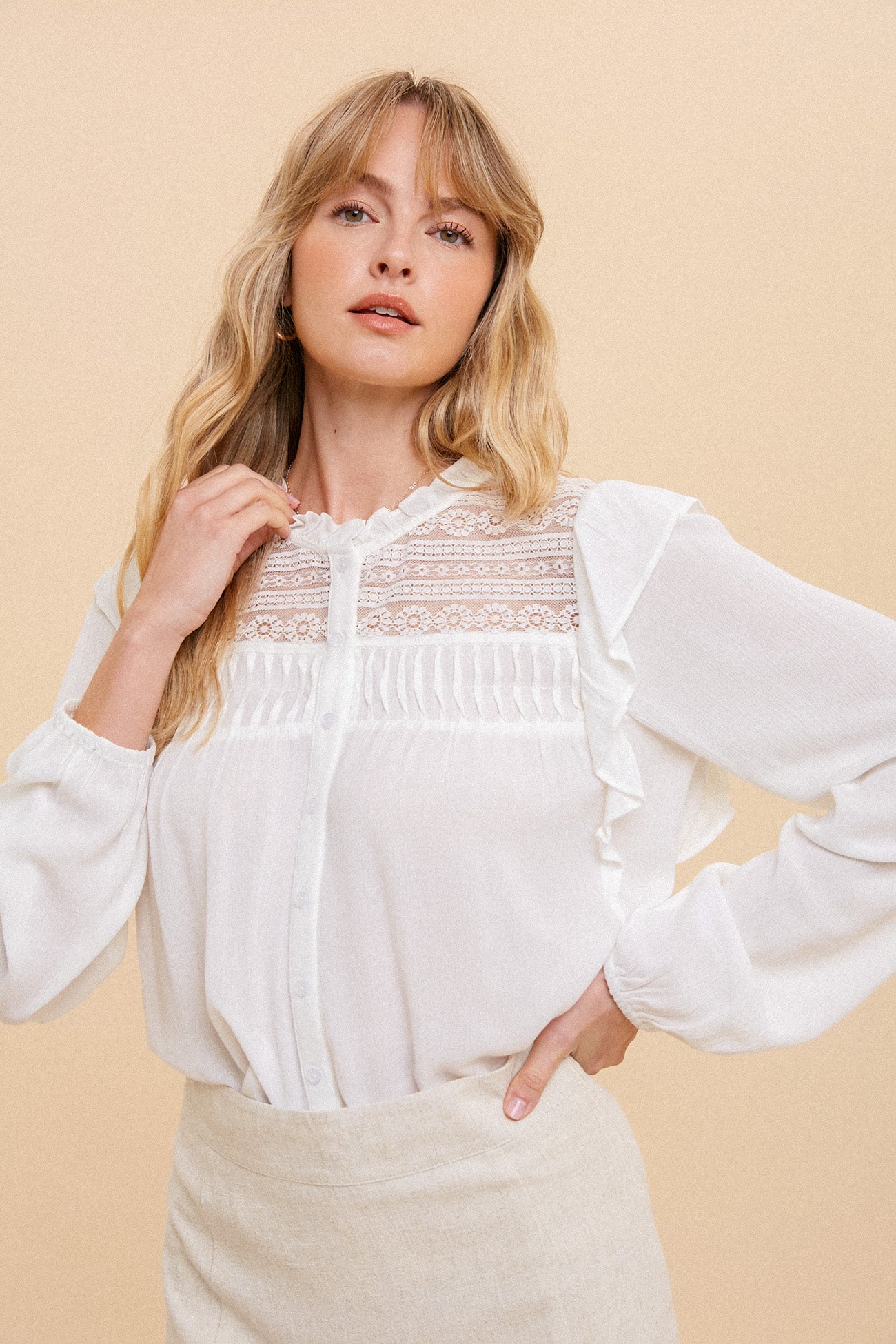 Pintuck Detailed Lace Mixed Blouse