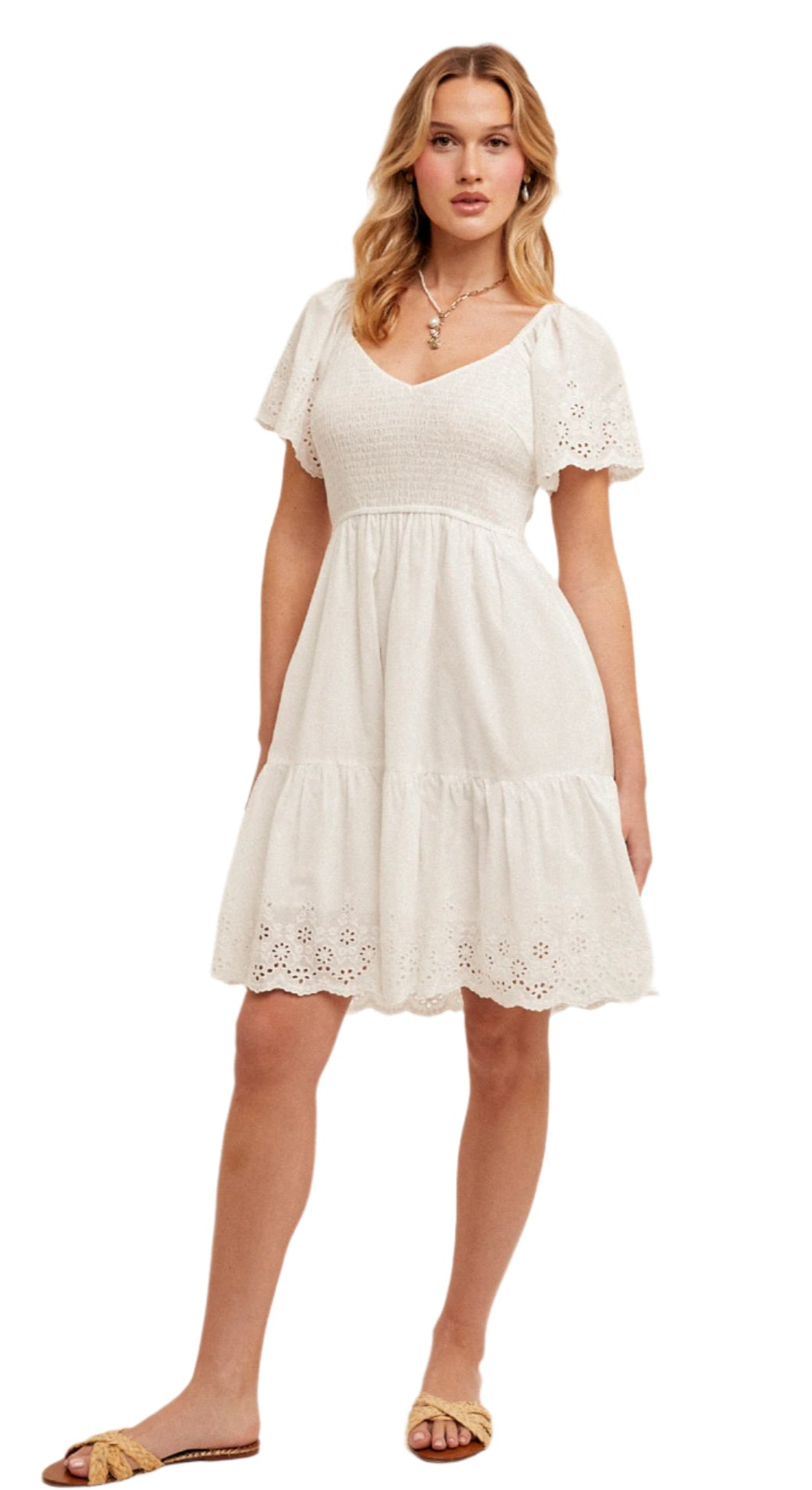knee length babydoll dress Smocked Detail Eyelet Tiered – Sidestreet Boutique Size:34 EU (3 Little Kid US) Model wears size M Formal Dresses Where To july_aug_24
