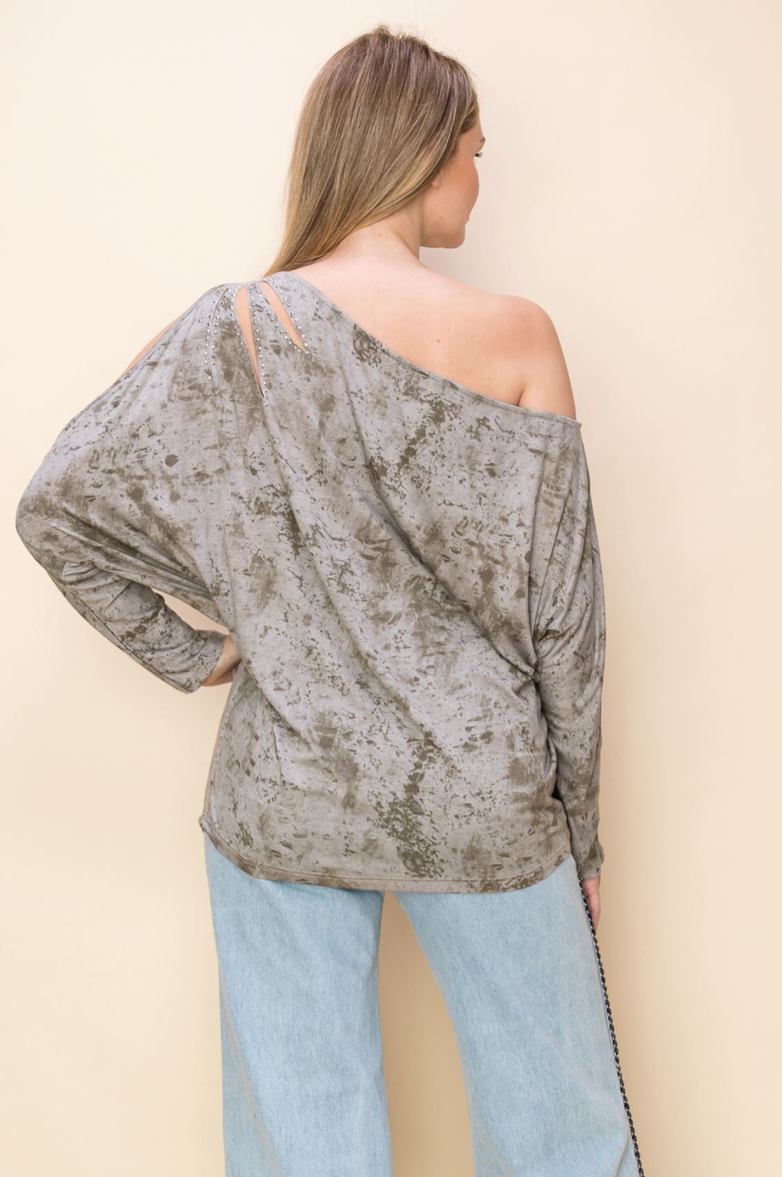 Assymetrical Open Shoulder Rhinestone Embellished Batwing Top