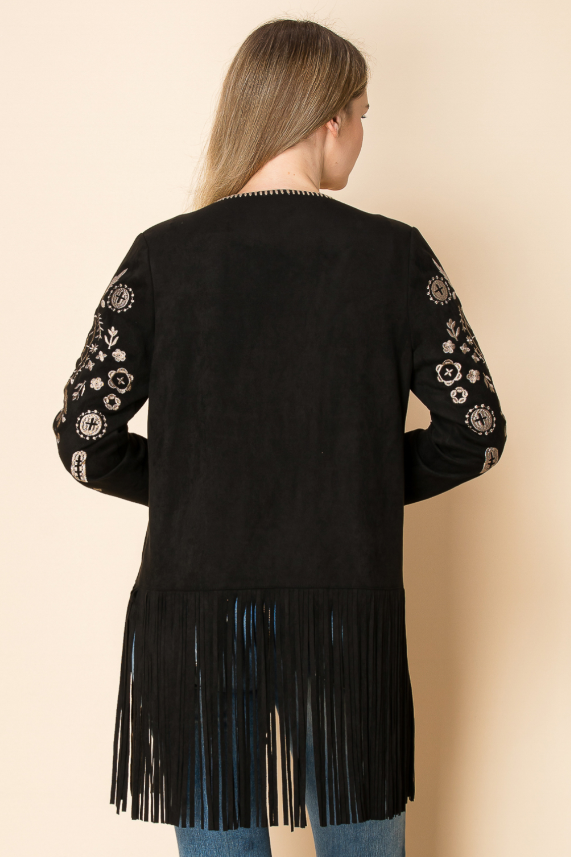 Embroidered Suede Jacket with Fringe