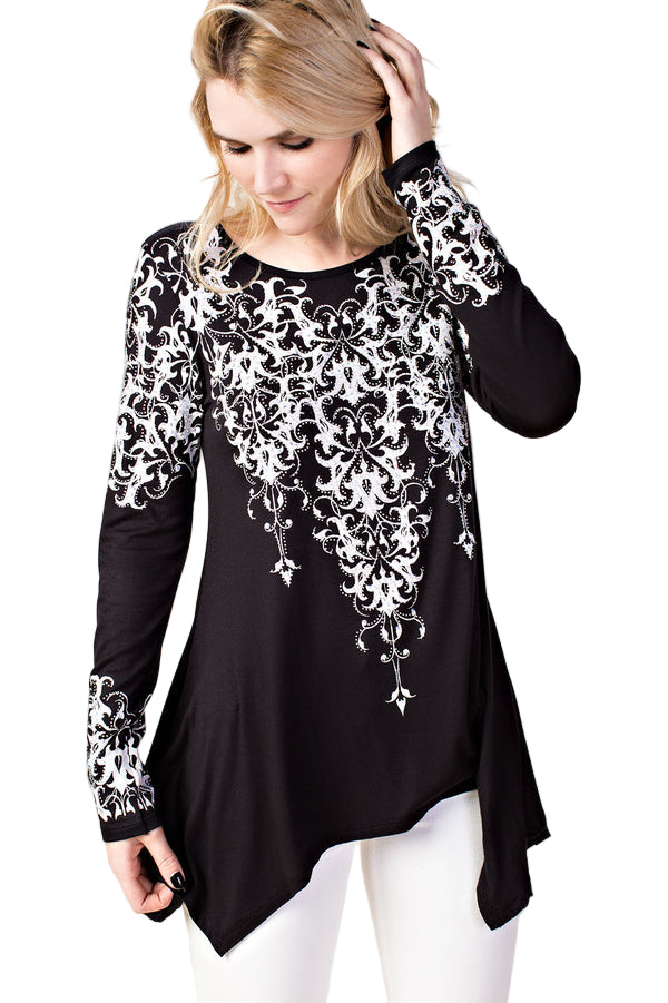 Round Neck L/S Shark Bite Top with Stones