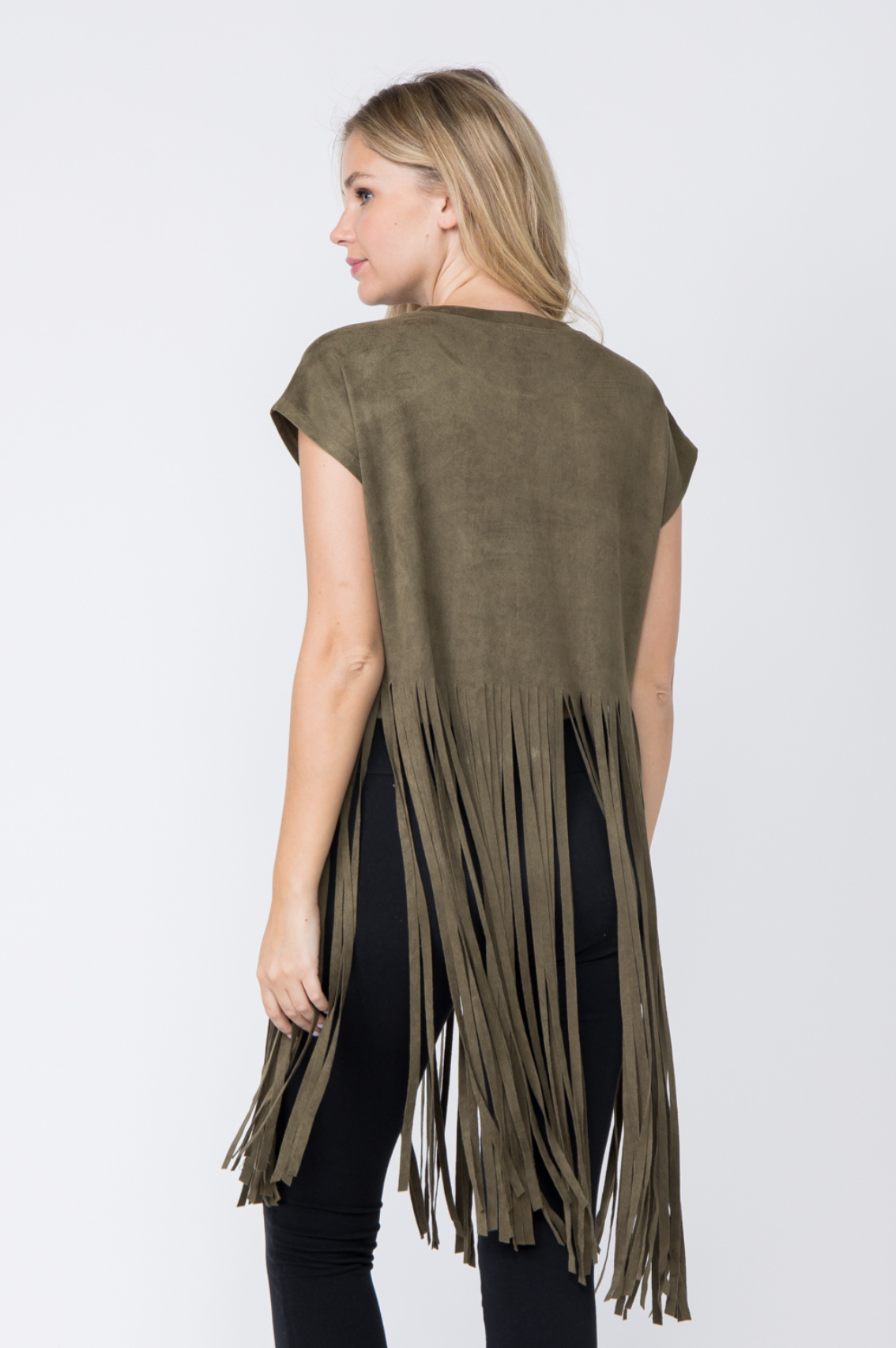 Crew Neck Long Fringe Hem Suede Top