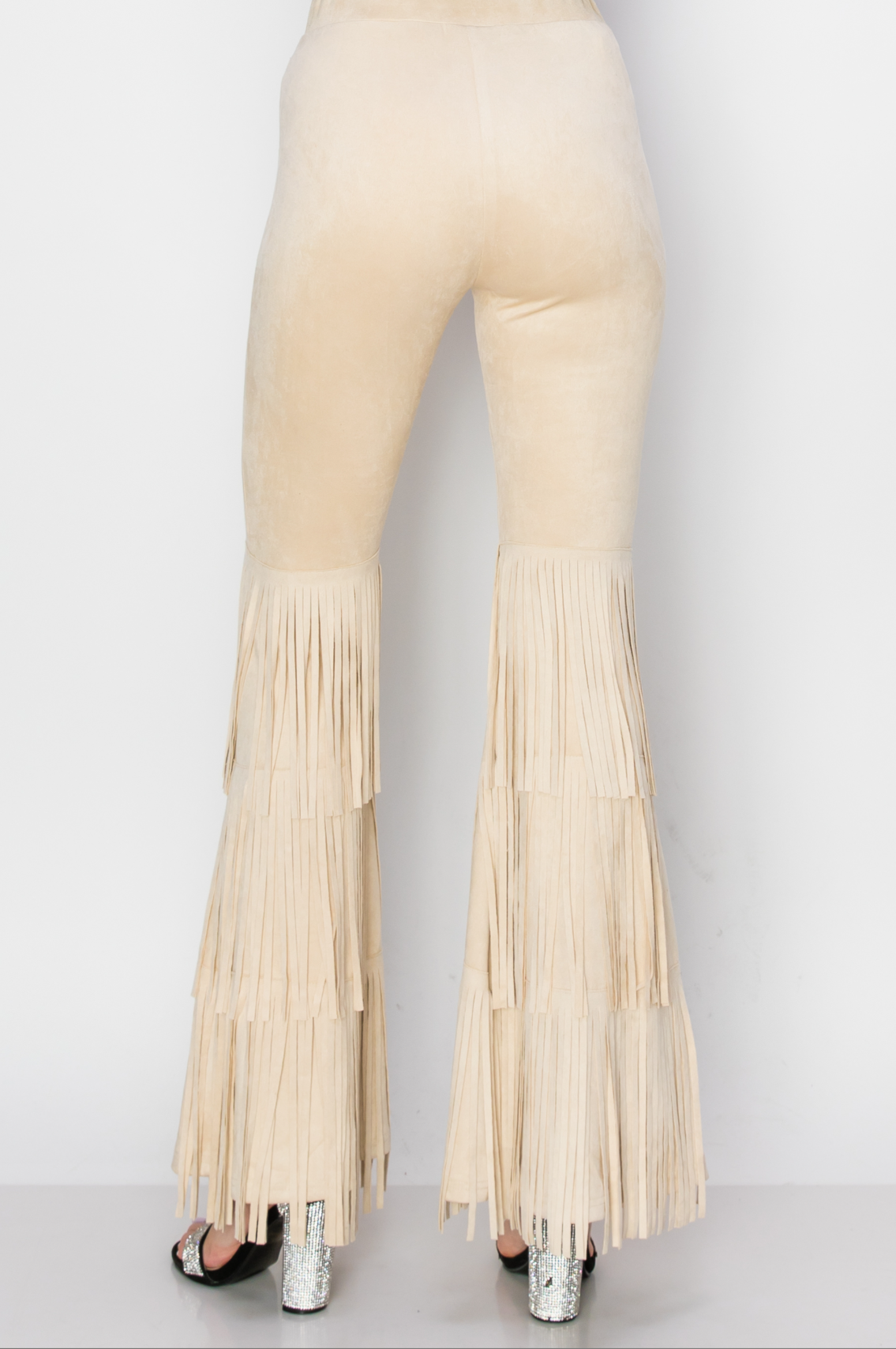 High Rise Suede Knit Bell Bottom Pants with Fringes