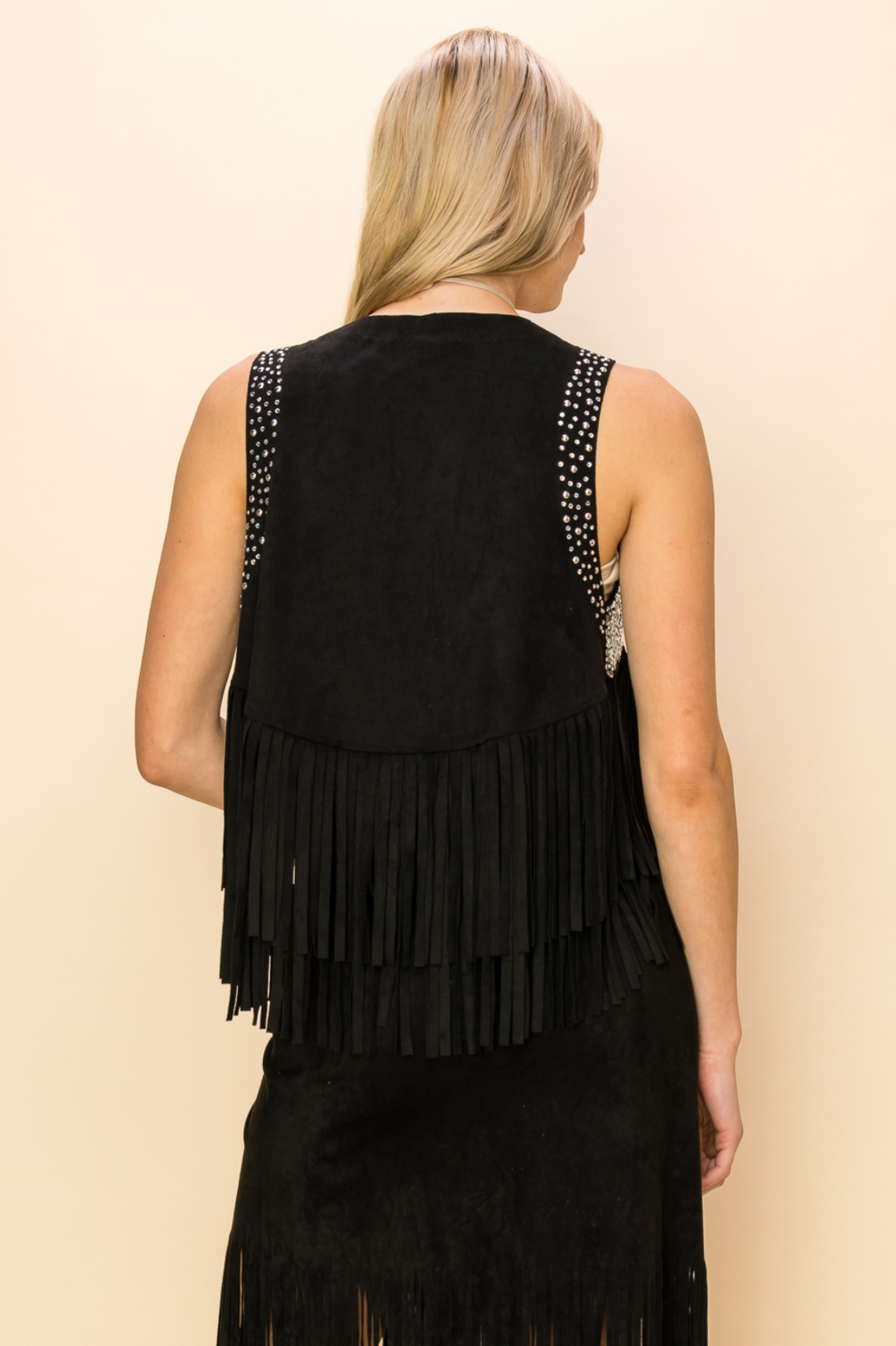 Open Front Vest with Rhinestones and Fringes