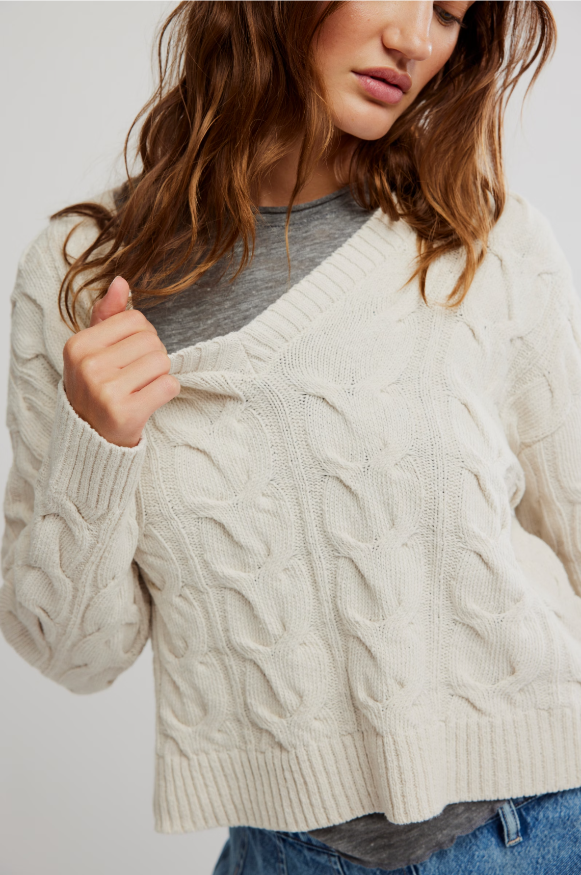 Washed Cable V-Neck Sweater