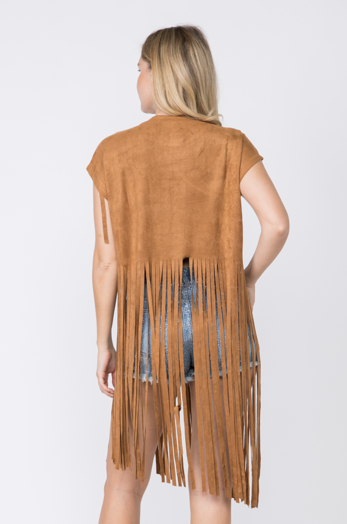 Crew Neck Long Fringe Hem Suede Top